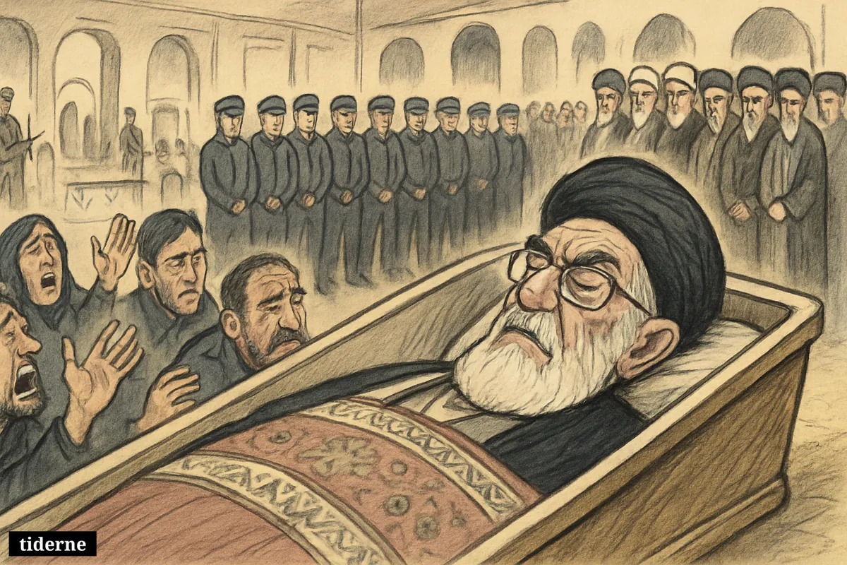 Caricature funeral scene of Ali Khamenei in an open coffin, surrounded by mourners, clerics, and heavy security inside a large Tehran hall.
