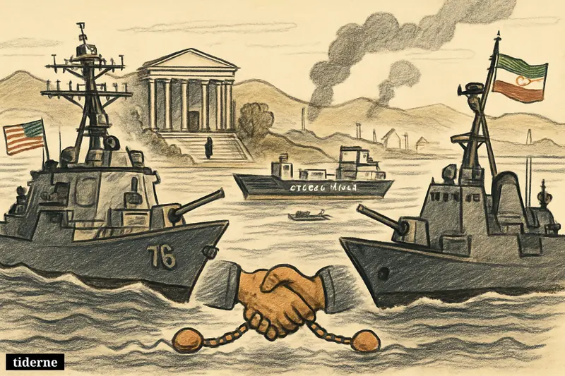 Caricature of American and Iranian warships confronting each other in the Strait of Hormuz, with a broken ceasefire symbol and a trapped cargo vessel.