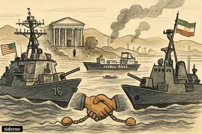 Caricature of American and Iranian warships confronting each other in the Strait of Hormuz, with a broken ceasefire symbol and a trapped cargo vessel.
