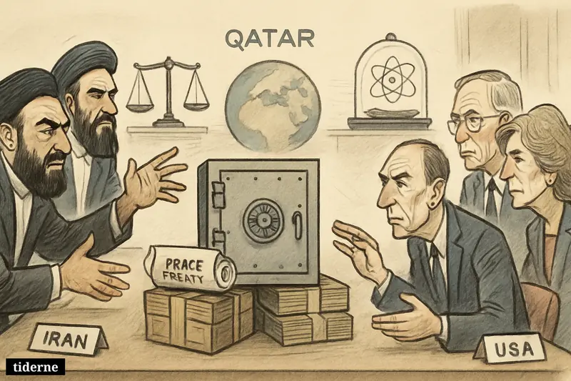 Iranian and American negotiators face off across a table, with a vault and money blocking a peace treaty in Qatar talks.