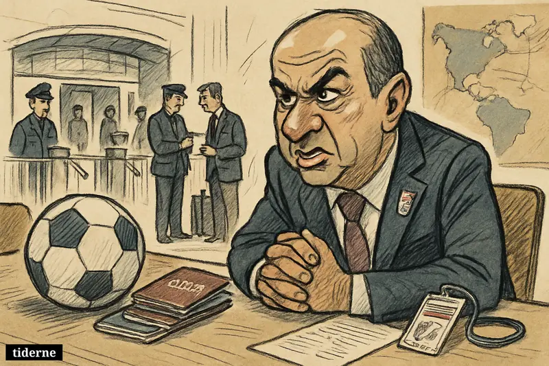Caricature of Mehdi Taj at a negotiation table with passports and a football, facing a blocked stadium border-control checkpoint.