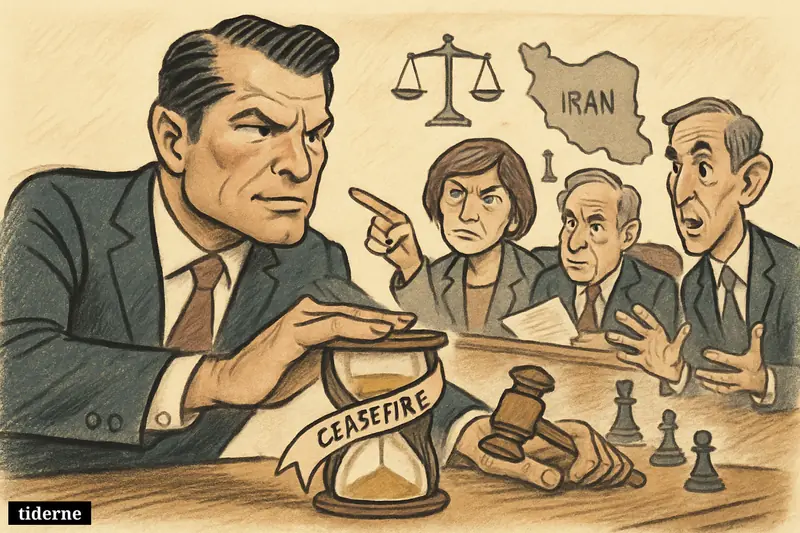 Caricature of Pete Hegseth stopping an hourglass in a Senate hearing as Kaine, Collins, and Curtis challenge him, with Trump observing.