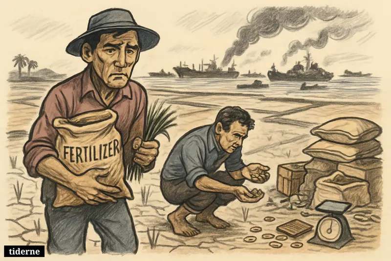 Worried rice farmers in a damaged paddy face scarce fertilizer as crowded ships and war signs choke a distant sea route.