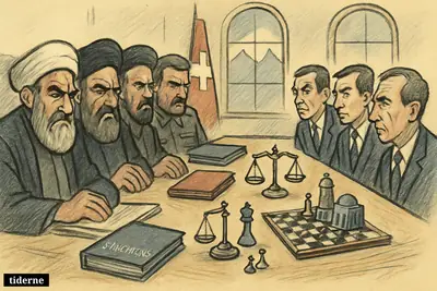 A broad Iranian negotiation team faces a smaller American delegation across a conference table in a tense Swiss meeting room.