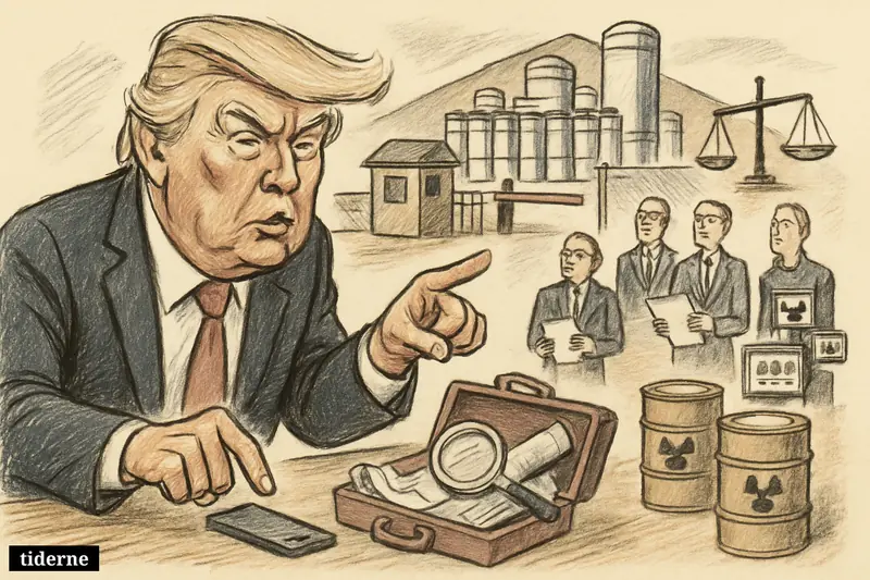 Caricature of Donald Trump gesturing over a phone as inspectors face a guarded nuclear facility with centrifuges and inspection tools nearby.