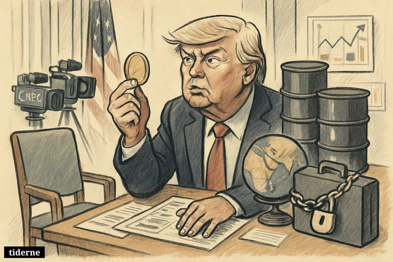 Caricature of Donald Trump at a negotiation table with oil barrels, a dollar coin, cameras, and sanction symbols in a tense diplomatic setting.