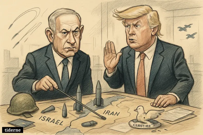 Caricature of Netanyahu and Trump over a war map, with paused missiles and fading rocket trails suggesting a fragile ceasefire.
