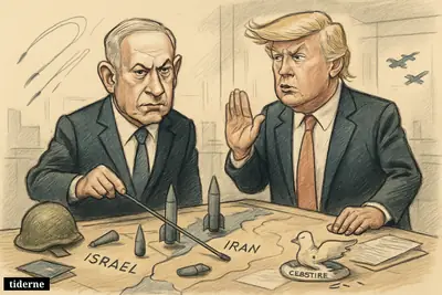 Caricature of Netanyahu and Trump over a war map, with paused missiles and fading rocket trails suggesting a fragile ceasefire.