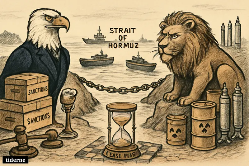 A chained Hormuz waterway separates an American eagle and Persian lion as tankers stall between sanctions, uranium barrels, and a fading ceasefire.