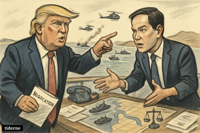 Trump and Rubio on a naval deck argue over Hormuz maps as warships and helicopters clash behind them.