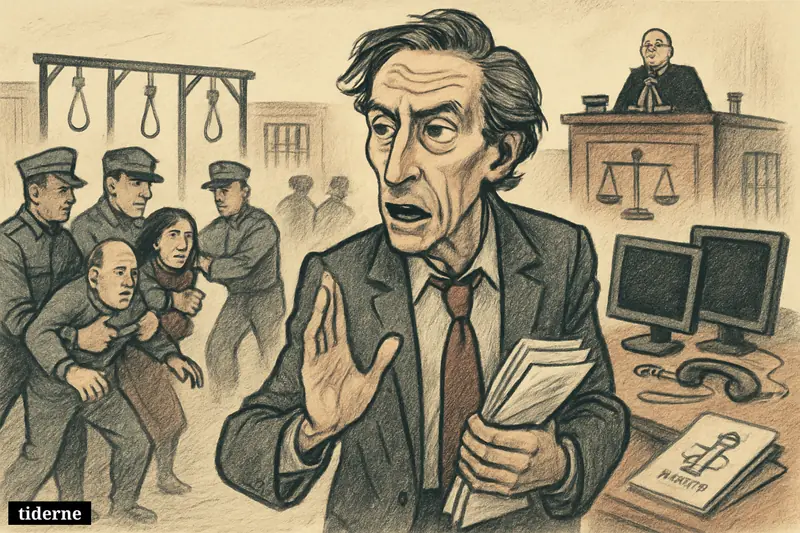 Caricature of Allard K. Lowenstein confronting arrests, executions, court symbols, and severed internet connections inside a repressive prisonlike scene.