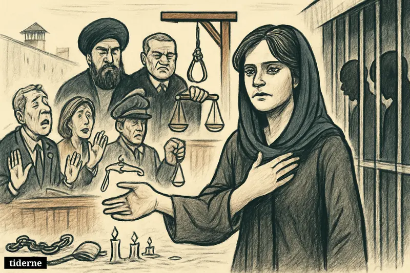 Mahsa Amini stands defiantly before prisoners, judges, and a gallows as human-rights observers react in alarm.
