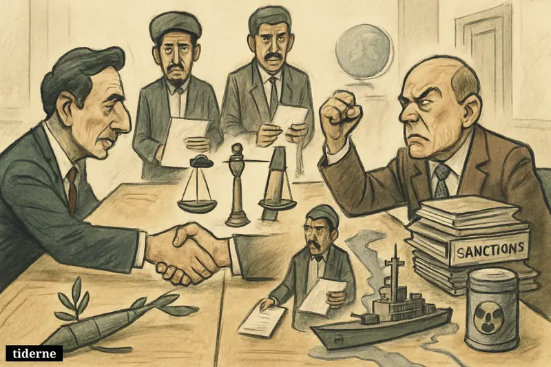 Diplomats in a tense negotiation room balance handshake, threats, sanctions, a warship, and a uranium container across a divided conference table.