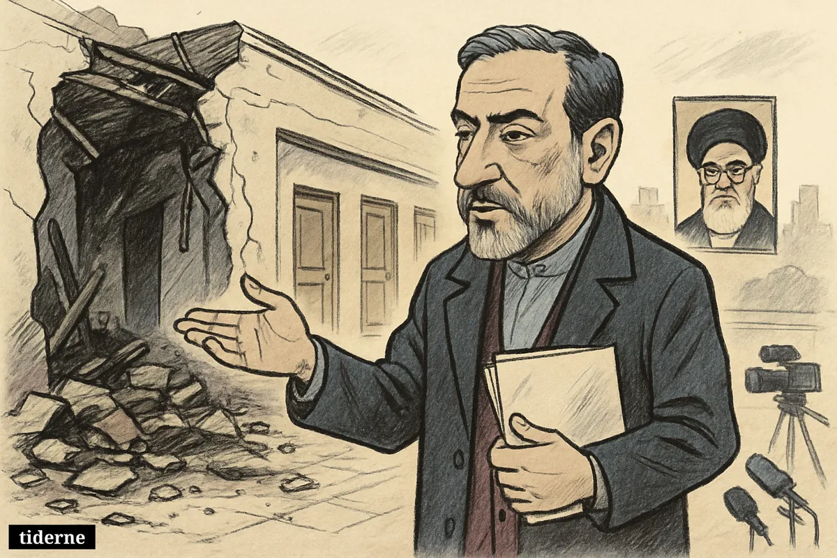 Abbas Araghchi gestures inside a damaged Tehran compound, indicating a blasted section near an intact office area associated with Ali Khamenei.