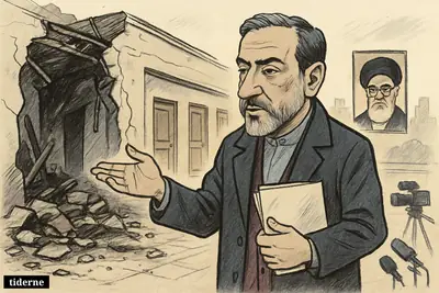 Abbas Araghchi gestures inside a damaged Tehran compound, indicating a blasted section near an intact office area associated with Ali Khamenei.
