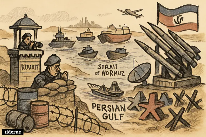 A caricature map-like Gulf conflict scene with Kuwait under threat, Iranian weapons aimed across water, and Gulf patrol boats guarding oil tankers.