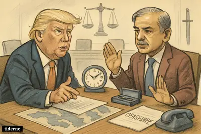 Trump and Shehbaz Sharif caricatures face each other at a negotiation table with maps, documents, a clock, and ceasefire symbolism.