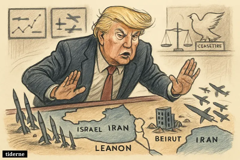 Donald Trump caricature looms over a war-room table with miniature missiles, drones, and a damaged Beirut building, signaling a tense pause in conflict.