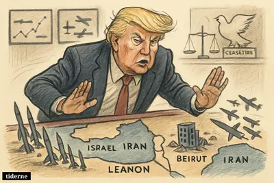 Donald Trump caricature looms over a war-room table with miniature missiles, drones, and a damaged Beirut building, signaling a tense pause in conflict.