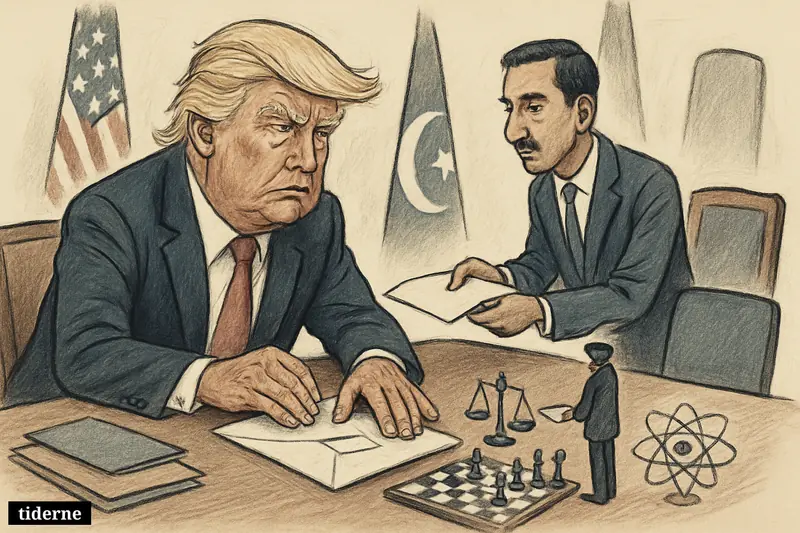 Caricature of Donald Trump at a negotiation table receiving documents through a Pakistani intermediary, with symbols of diplomacy, conflict, and nuclear talks.