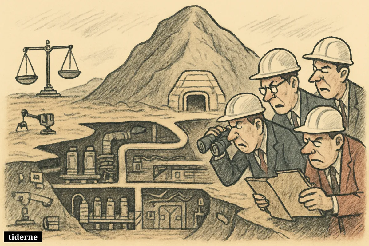 Inspectors peer helplessly into a mountain hiding a vast underground nuclear facility with sealed tunnels, centrifuges, and barriers beyond their reach.