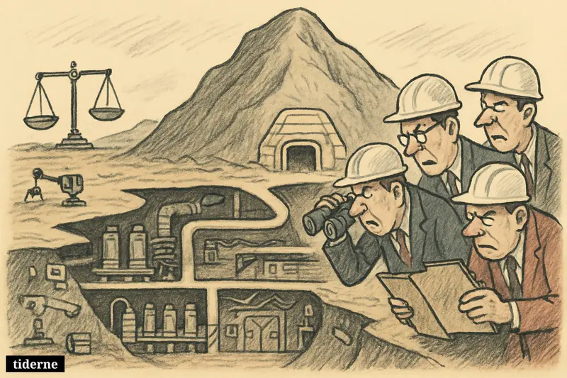 Inspectors peer helplessly into a mountain hiding a vast underground nuclear facility with sealed tunnels, centrifuges, and barriers beyond their reach.