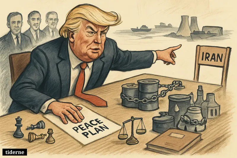 Donald Trump at a negotiation table with peace papers, chess pieces, oil barrels, and nuclear symbols in a tense Middle East diplomatic standoff.