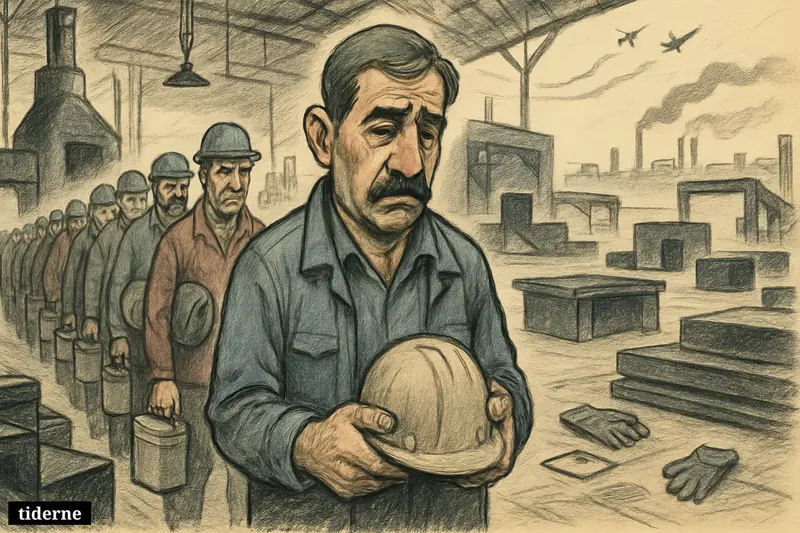 Caricature of laid-off steelworkers leaving a silent Iranian factory while distant war smoke and jets signal economic collapse.