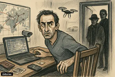 An anxious exiled dissident at a desk is surrounded by spying devices, shadowy operatives, cyber intrusion, and signs of a covert assassination threat.