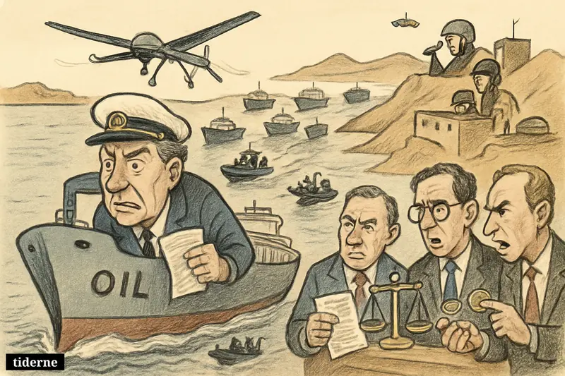 A tense tanker convoy in the Strait of Hormuz faces patrol boats, a drone overhead, and anxious finance and shipping figures on a dock.