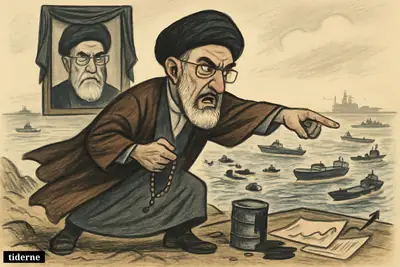 Mojtaba Khamenei points angrily over the Strait of Hormuz as tankers, military boats, oil barrels, and a memorial portrait of Ali Khamenei fill the scene.
