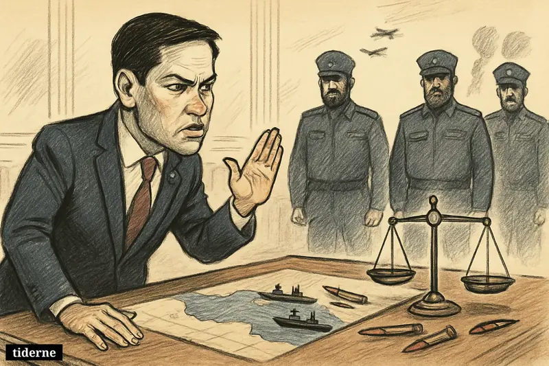 Marco Rubio stands tensely over a war-room table facing Iranian military figures, with maps, warships, missiles, and fragile ceasefire symbols.