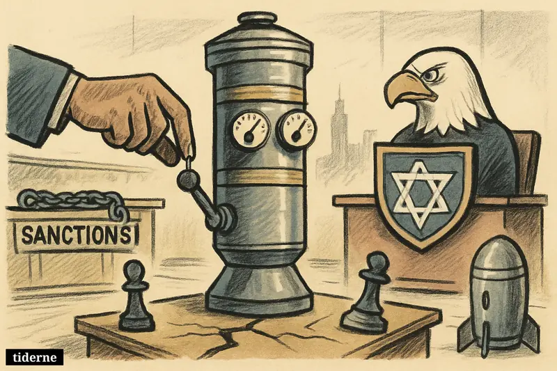 A uranium centrifuge stands at the center of a tense diplomatic room, flanked by Iranian, American, and Israeli conflict symbols.