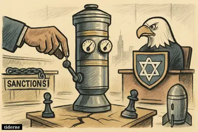 A uranium centrifuge stands at the center of a tense diplomatic room, flanked by Iranian, American, and Israeli conflict symbols.
