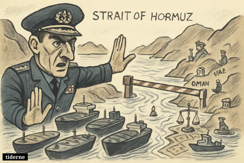 An Iranian officer blocks a crowded narrow sea lane as tankers pause and Gulf neighbors watch a tense legal standoff.