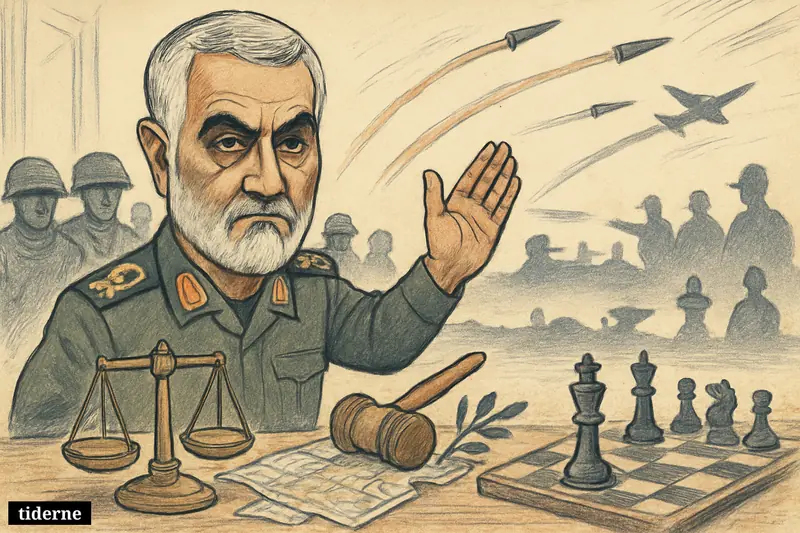 Caricature of Qassem Soleimani in uniform, gesturing defiantly before scales, gavel, chess pieces, and distant signs of U.S.-Iran military confrontation.