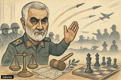 Caricature of Qassem Soleimani in uniform, gesturing defiantly before scales, gavel, chess pieces, and distant signs of U.S.-Iran military confrontation.