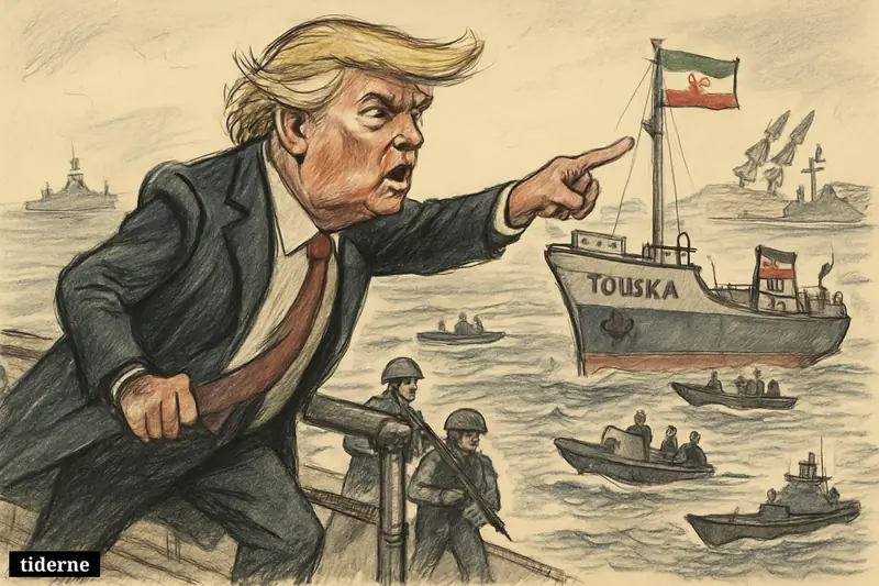 Donald Trump on a warship points toward a seized cargo vessel as Iranian forces gather across tense Gulf waters.
