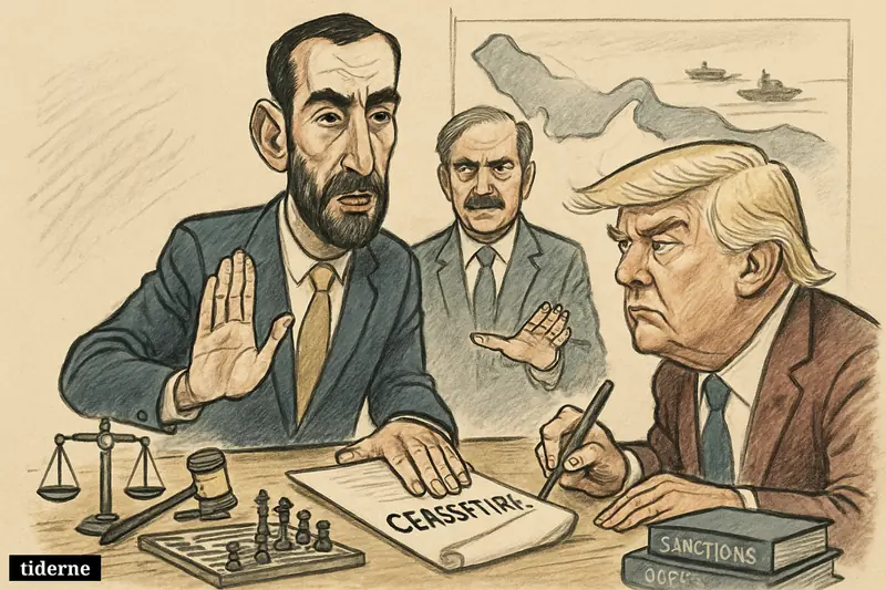 Kazem Gharibabadi and Donald Trump face each other across a ceasefire table while Shehbaz Sharif stands between them as mediator.