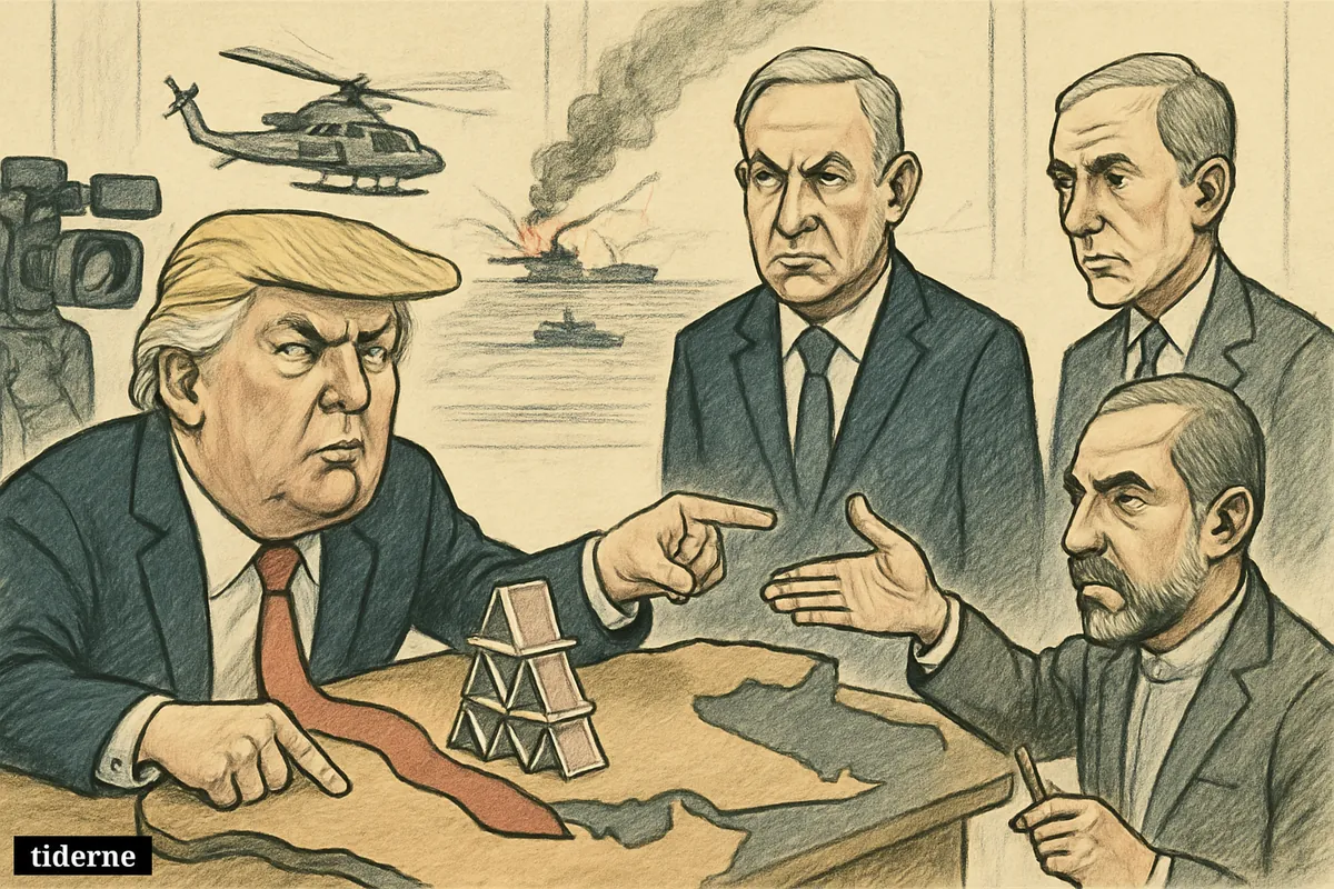 Trump, Netanyahu, Araghchi, and Jeremy Bowen gather around a fragile Middle East plan as a damaged Apache hovers over the Strait of Hormuz.