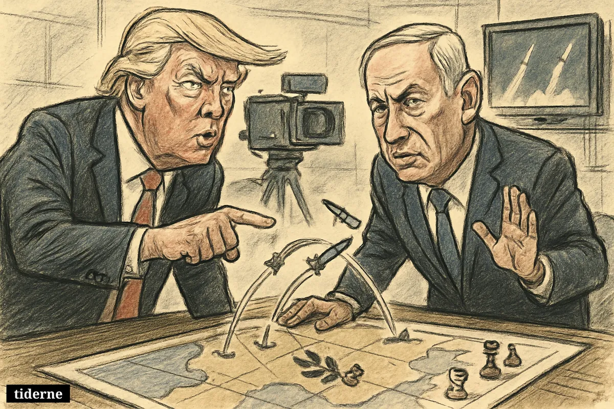 Caricature of Donald Trump and Benjamin Netanyahu in a tense war room over a map with missiles, chess pieces, and broadcast equipment.