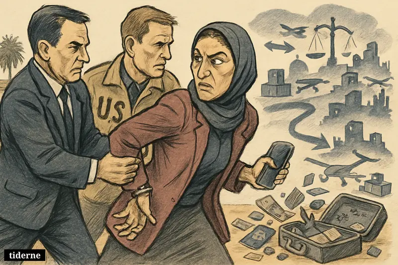 US agents arrest an Iranian woman in Los Angeles as drone parts, weapons crates, and sanctions symbols connect the case to war in Sudan.