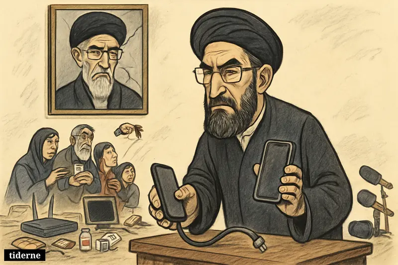 Mojtaba Khamenei stands over broken communications gear as anxious civilians clutch medicine and silent phones beneath a cracked portrait of Ali Khamenei.