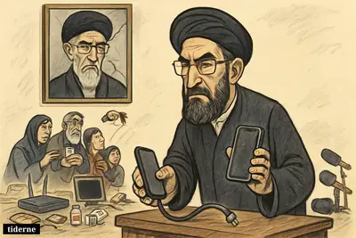 Mojtaba Khamenei stands over broken communications gear as anxious civilians clutch medicine and silent phones beneath a cracked portrait of Ali Khamenei.