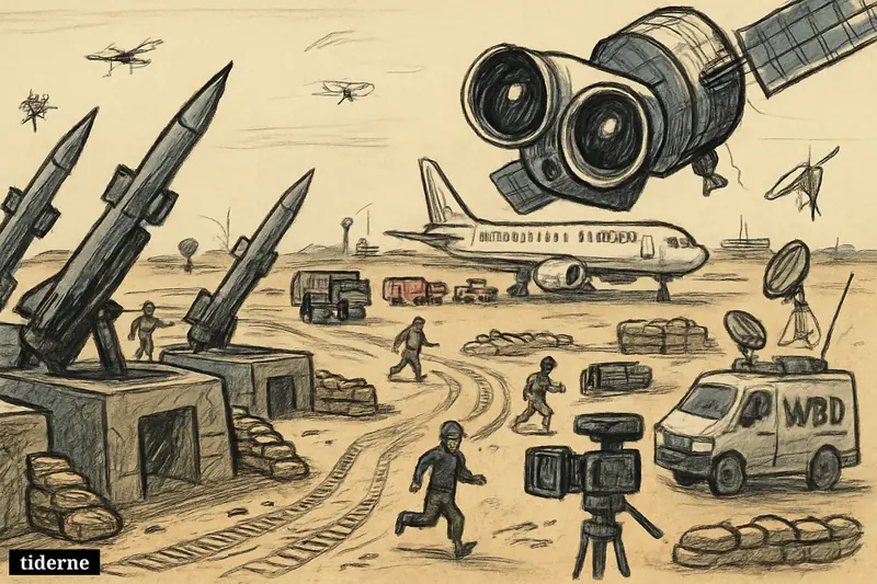 A desert missile base back in operation, watched by a giant satellite, with a distant airport jet, emergency vehicles, and media equipment.