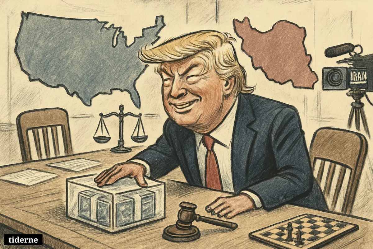 Caricature of Donald Trump at a negotiation table reaching toward frozen cash, with diplomatic props and a tense U.S.-Iran standoff setting.