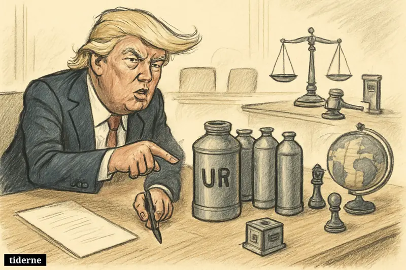 Donald Trump caricature at a negotiation table points at uranium canisters beside an unsigned deal, with diplomatic and nuclear inspection symbols nearby.