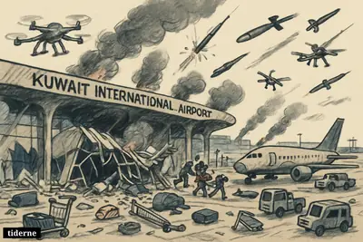 Damaged Kuwait airport terminal with wreckage, abandoned luggage, drones and missiles overhead, and emergency crews responding across the runway.
