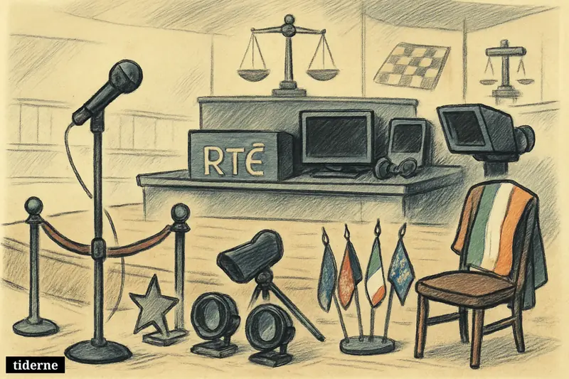 An empty broadcast stage with RTÉ studio gear, a sidelined microphone, turned-away camera, and boycott symbols inside a Eurovision-like arena.