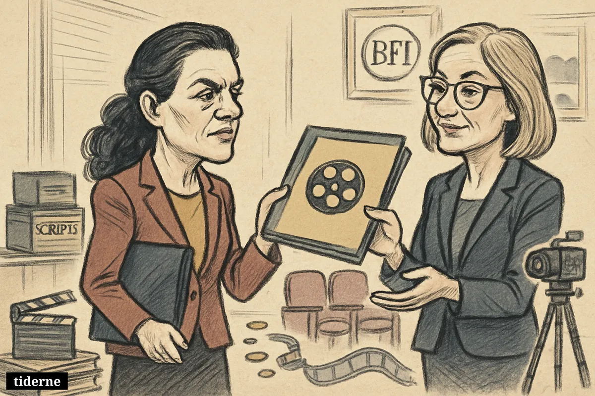 Isabel Davis receives a symbolic film-fund handover from Mia Bays in an office filled with cinema and funding-related props. (AI-genereret illustration)